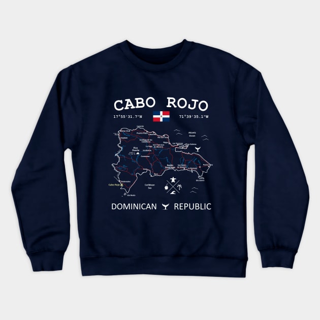 Cabo Rojo Dominican Republic Flag Travel Map Coordinates Roads Rivers and Oceans Crewneck Sweatshirt by French Salsa